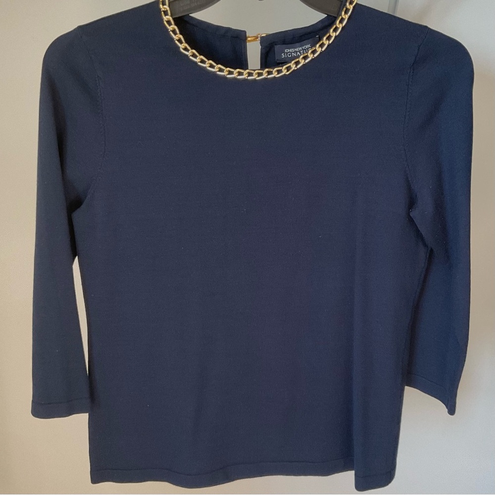 Navy Blue Women's Top with Gold Chain Detail